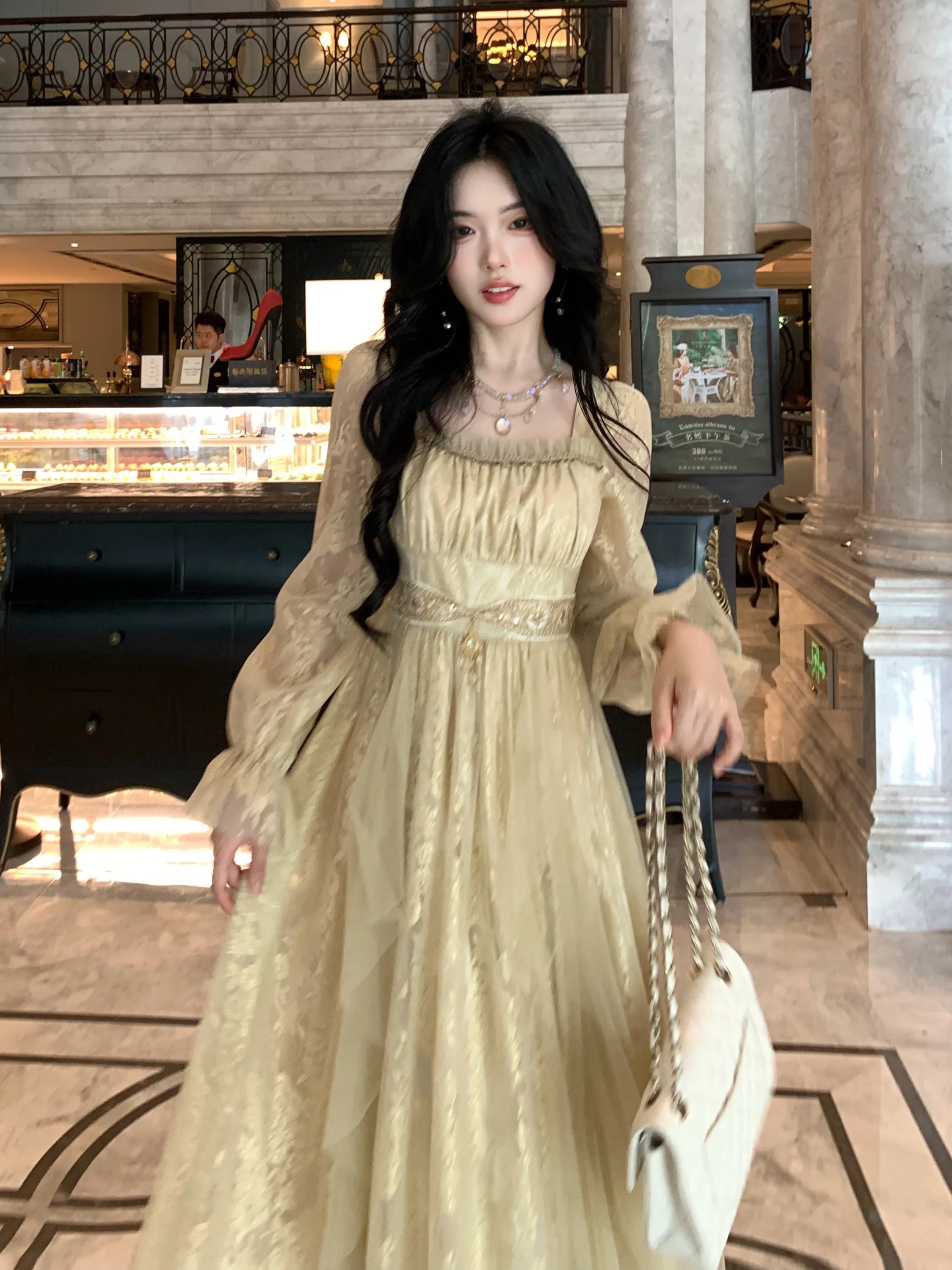 Golden Elegance Vintage Lace Dress