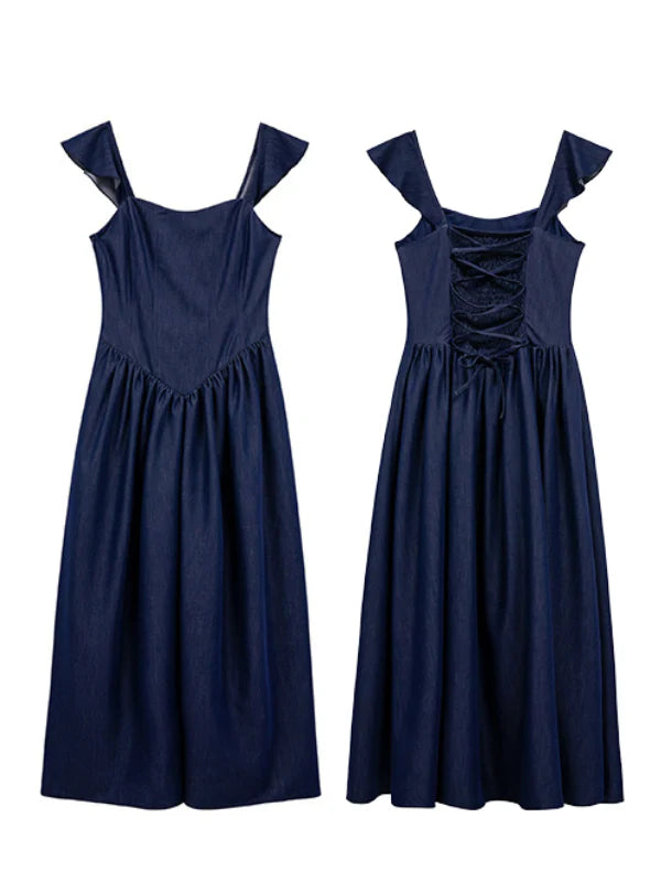 Navy Lace-Up Bodice Dress