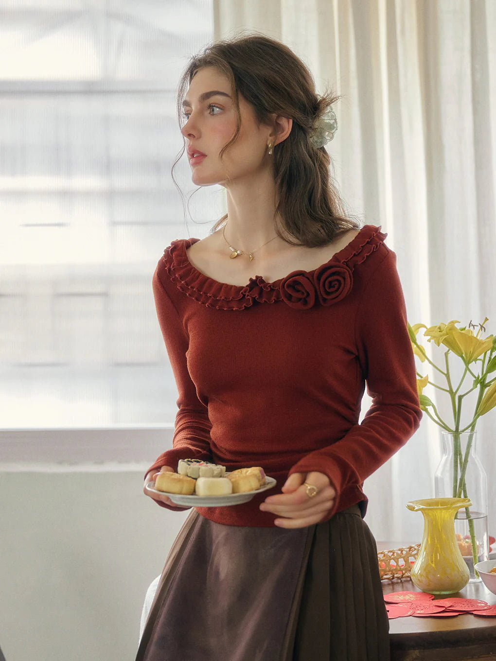 Rosette Ruffle Knit Top