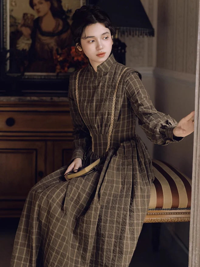 Victorian Plaid High-Neck Lace Trim Dress