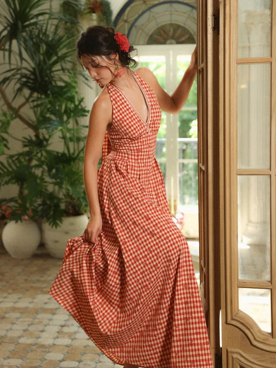 Romantic Gingham Red Check Halter Dress