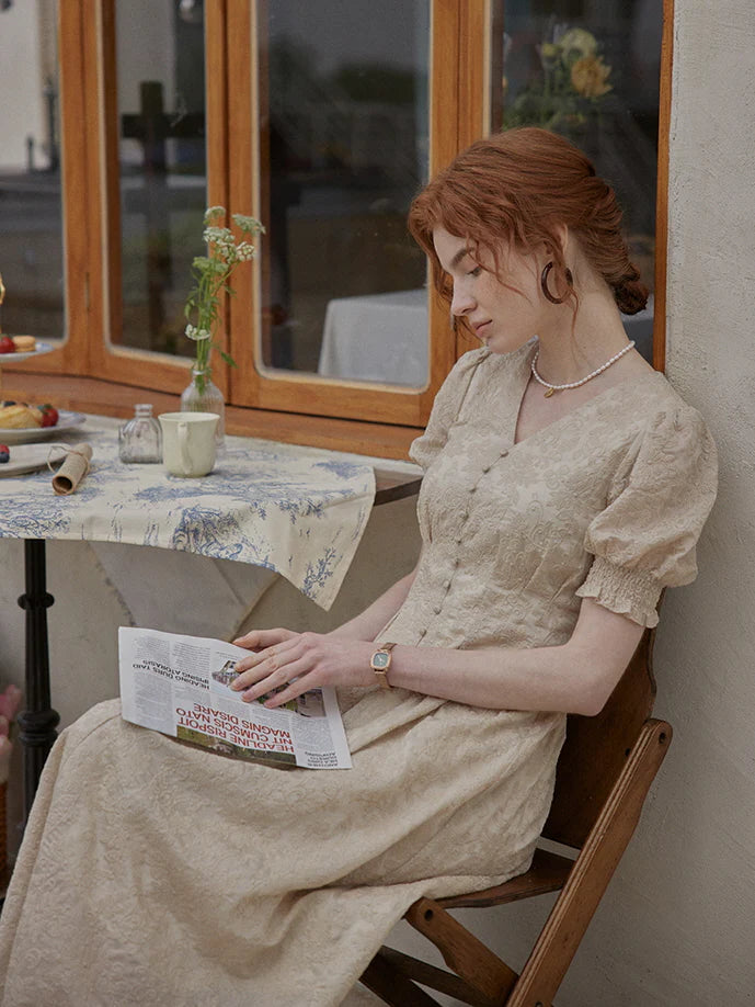 Vintage Lace Buttoned Puff Sleeve Dress