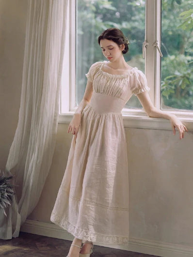 Blush Pearl‑Detail Lace Trim Dress