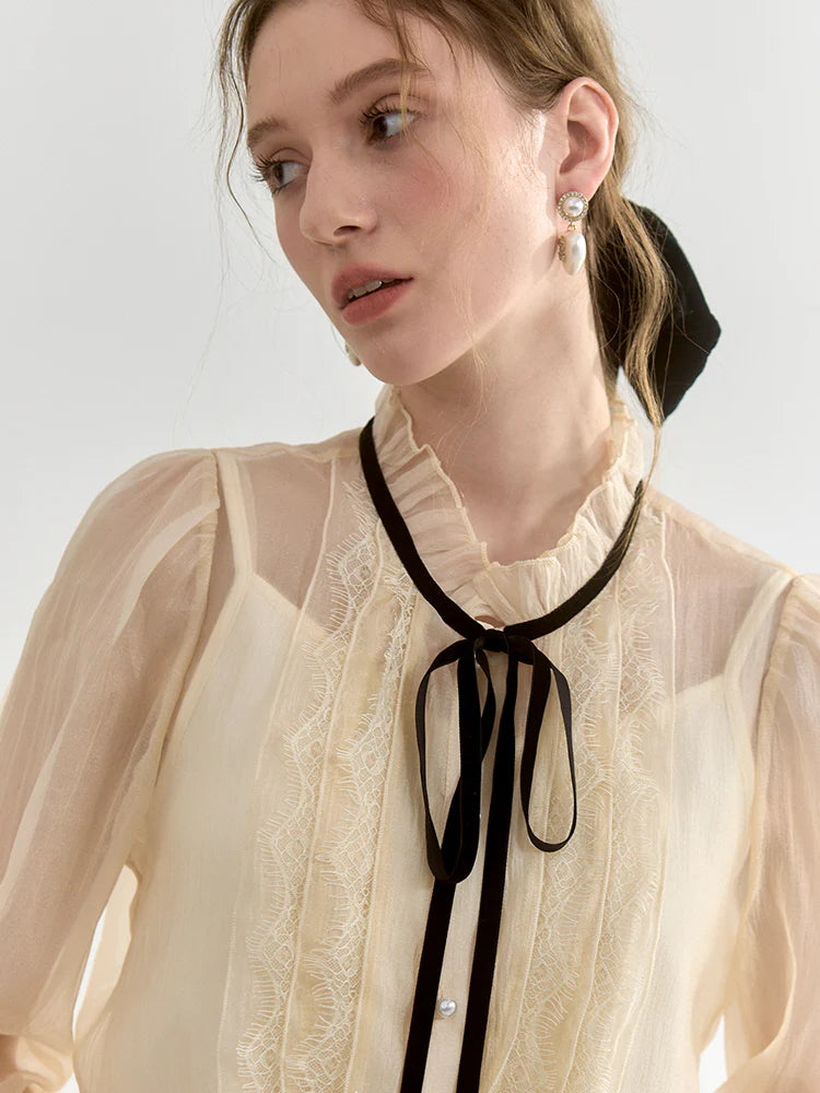Sheer Lace-Trimmed Blouse with Ribbon Tie