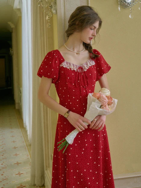 Lace Trim Retro Red Dress with Puff Sleeves