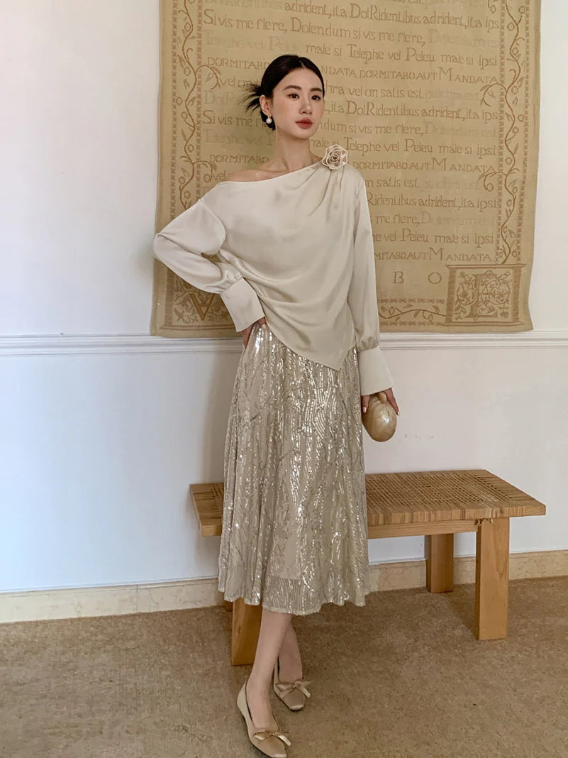 Champagne Sequin A-Line Skirt