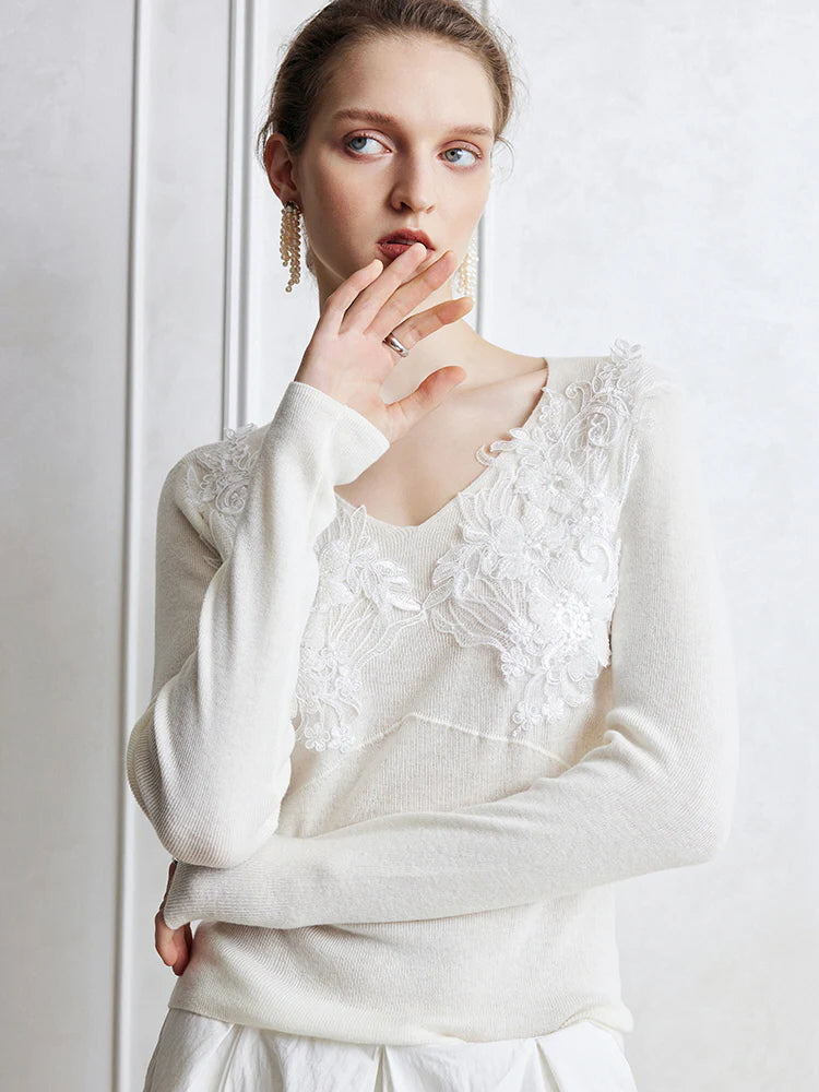 Floral Lace Embellished Knit Top