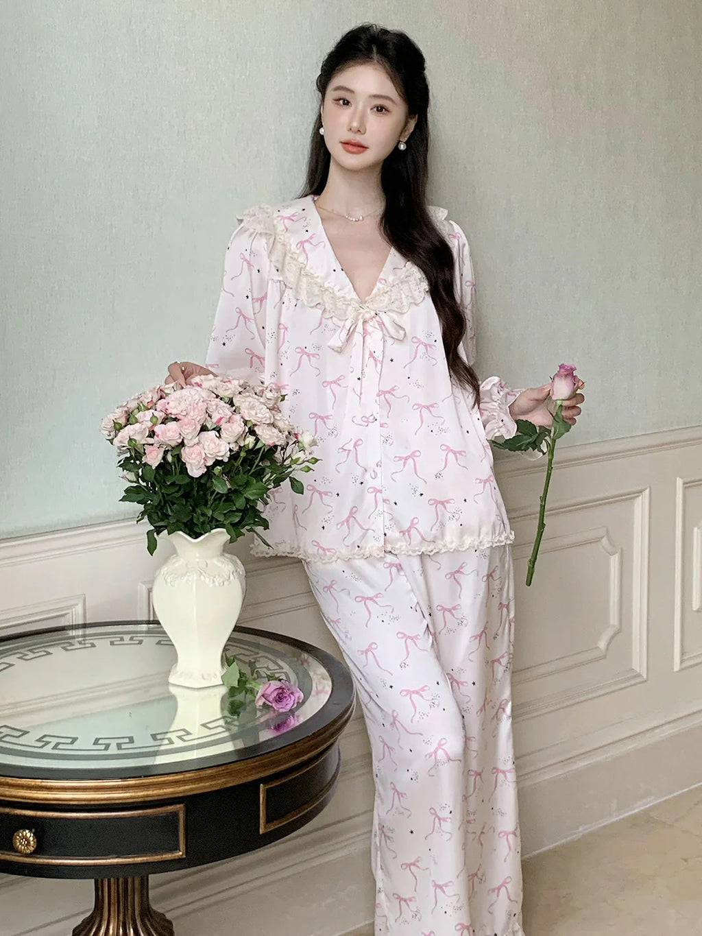 Pink Bow Charm Satin Pajama Set