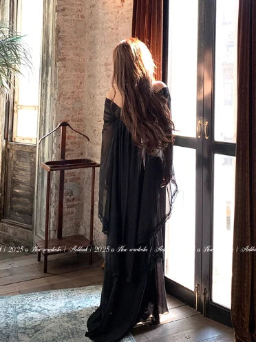 Ethereal Black Lace Drape Corset Gown