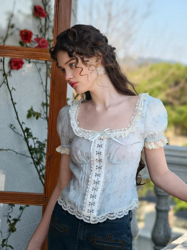Whimsical Floral Lace-Up Corset Top