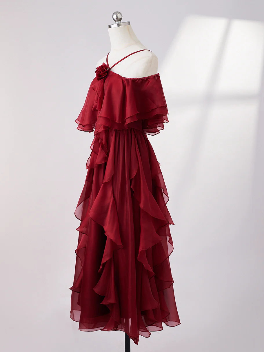 Scarlet Ruffle Off-Shoulder Chiffon Dress