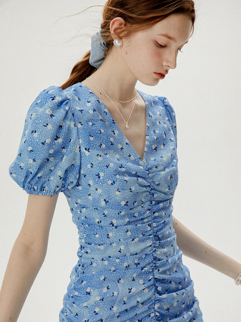 Blue Blossom Ruched Dress