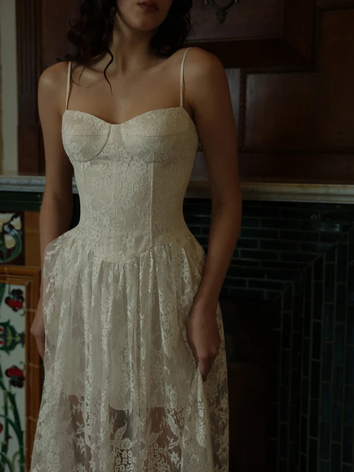 Vintage Floral Ivory Lace Corset Dress