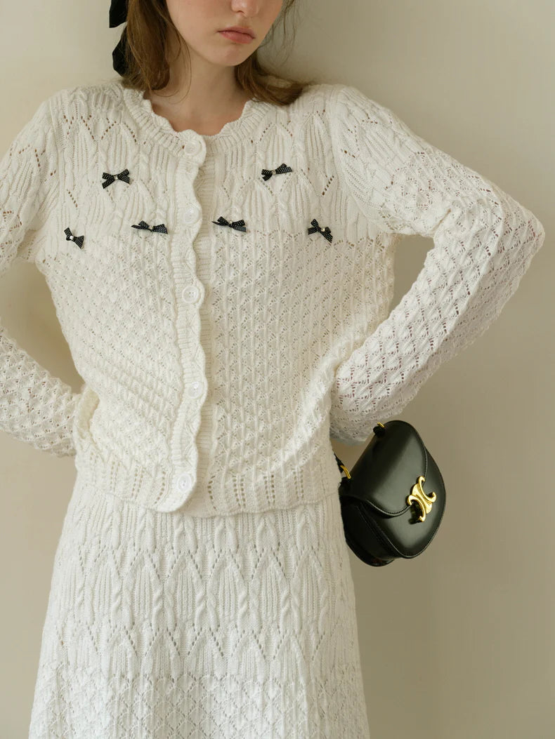 Ethereal Bow-Embellished Knit Cardigan