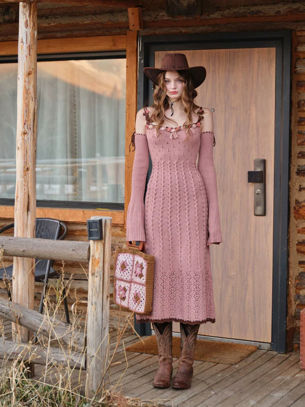 French Vintage Blooming Wool Knit Dress