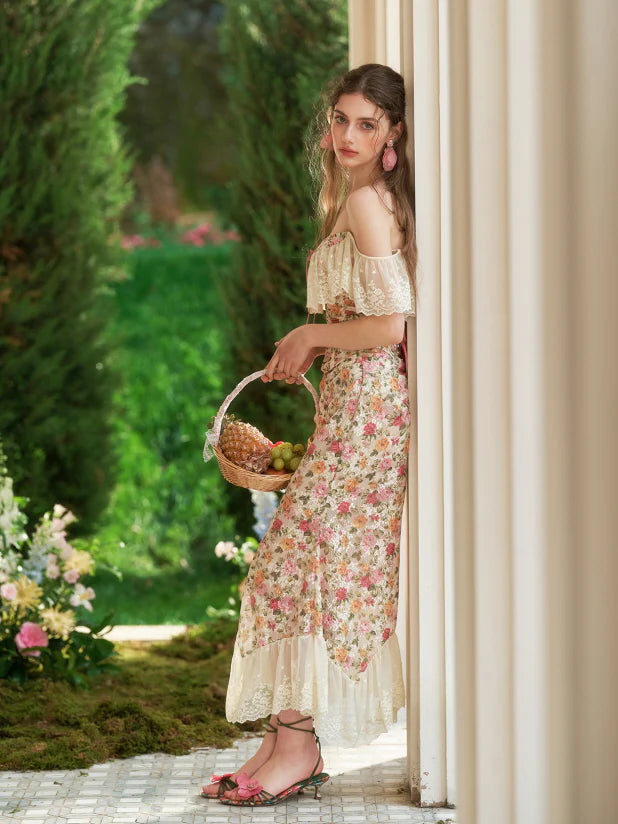 Floral Lace Off-Shoulder Corset Top & Skirt