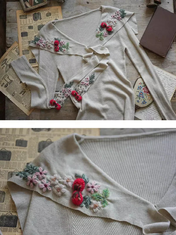 Retro Soft Knit with Floral Embroidery