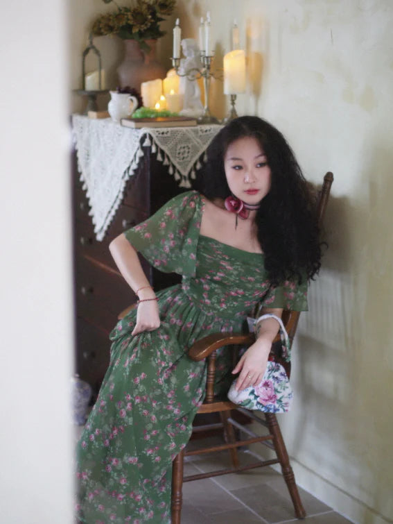 Enchanted Garden Green Floral Fairycore Dress
