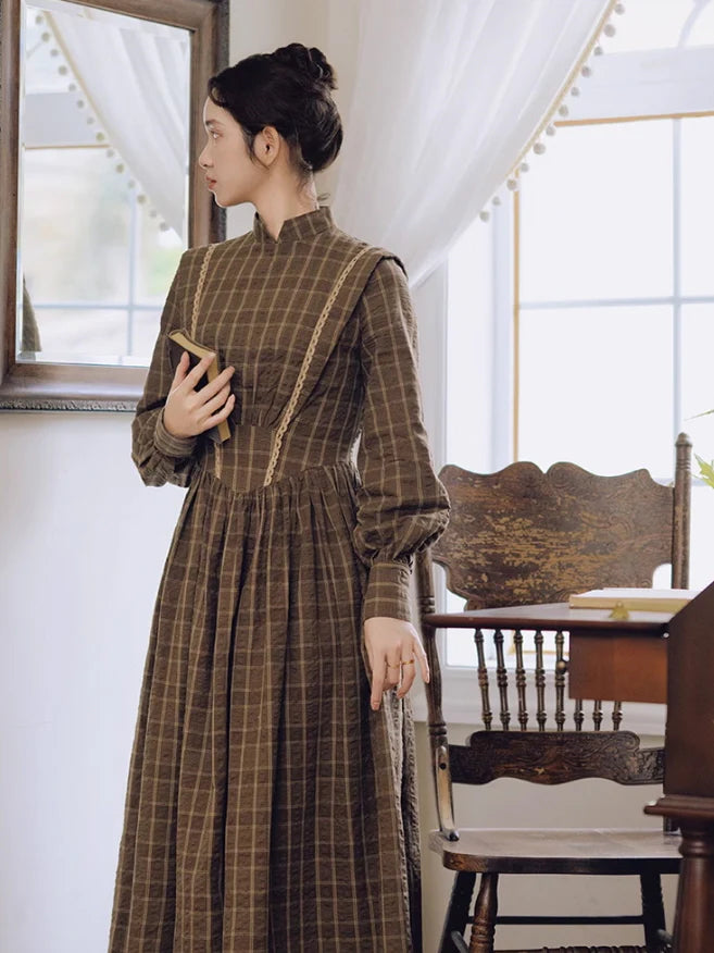 Victorian Plaid High-Neck Lace Trim Dress