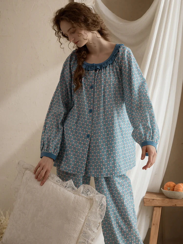 Vintage Geometric Ruffle Pajama Set