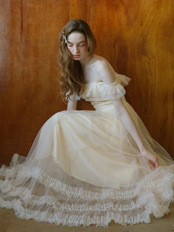 Ivory Tulle Ruffle Off-Shoulder Dress