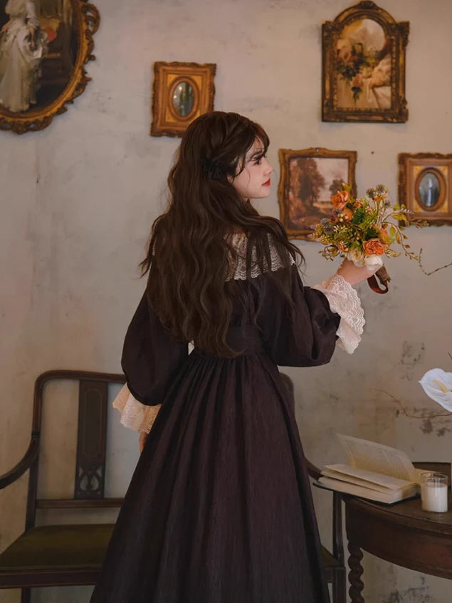 Mocha Reverie Vintage Lace Long Dress