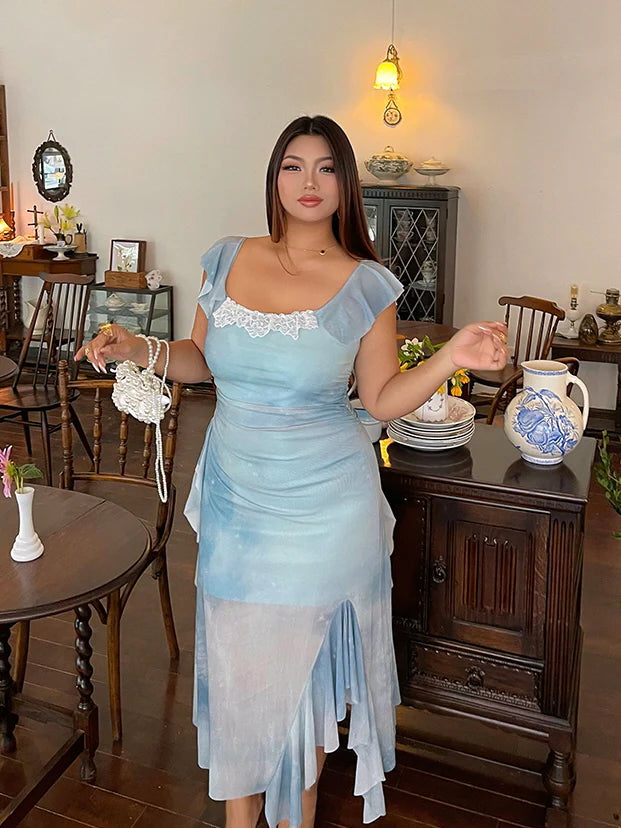 Sky Ruffle Mesh Dress with Bow