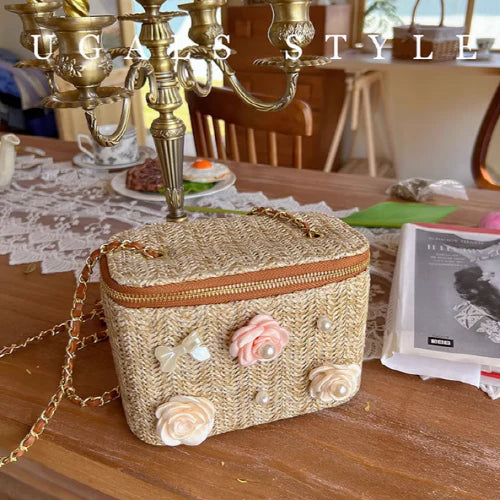 Flower Straw Woven Square Chain Bag