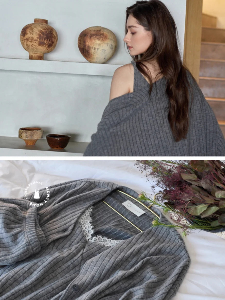 Gray Lace Trim Ribbed Pajama Set