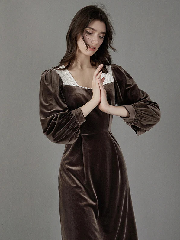 Brown Velvet Puff Sleeve Dress