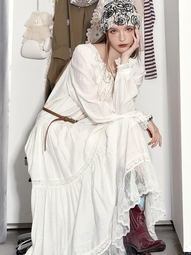 Ethereal Lace Trim Tiered Long Dress