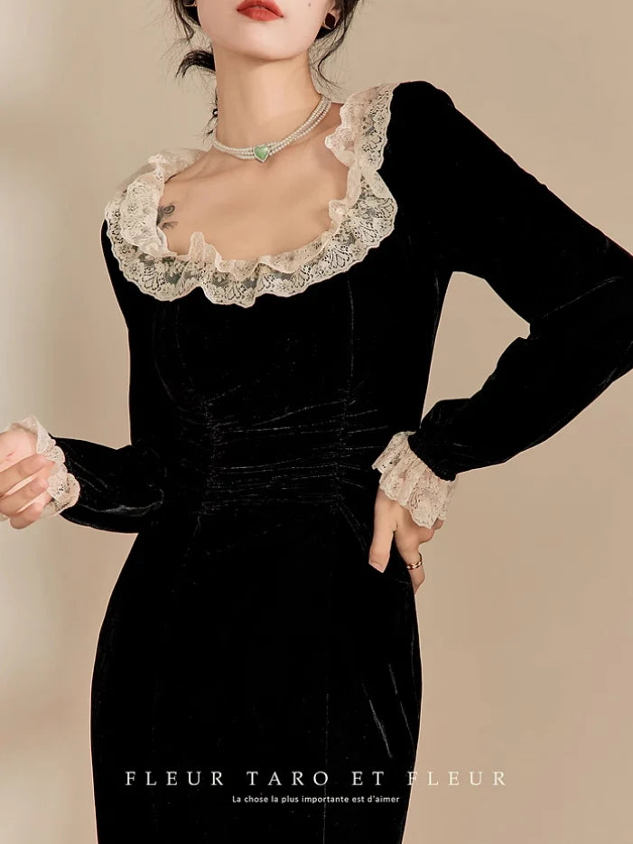 Vintage Noir Velvet Lace Dress