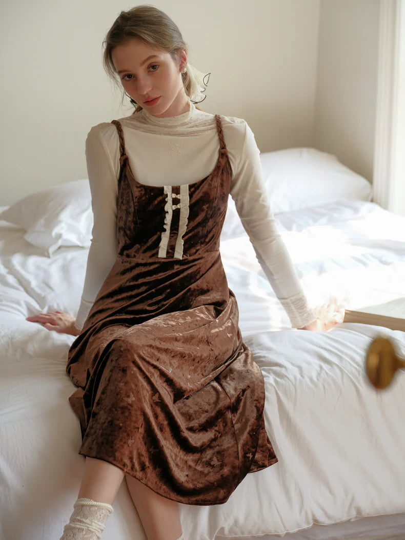 Butterfly Embossed Velvet Pinafore Dress