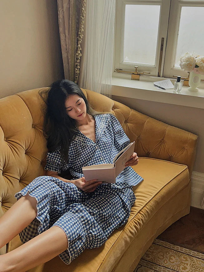 Navy Gingham Lace Collar Pajama Set