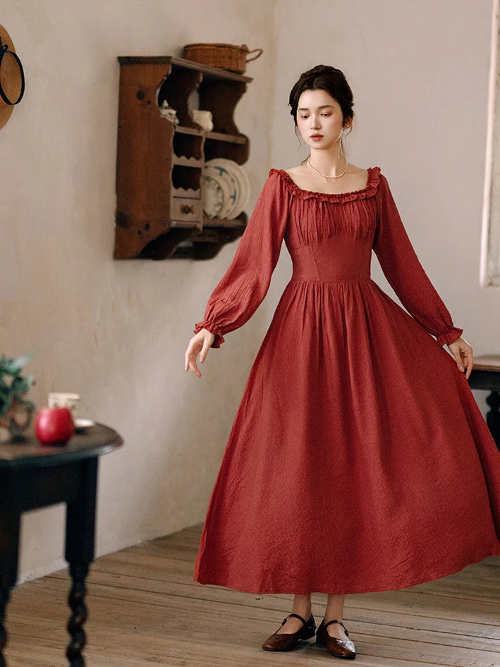 Retro Ruffled Square Neck Dress