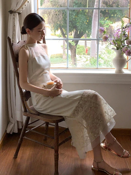 Moonlight Petal Lace Halter Dress