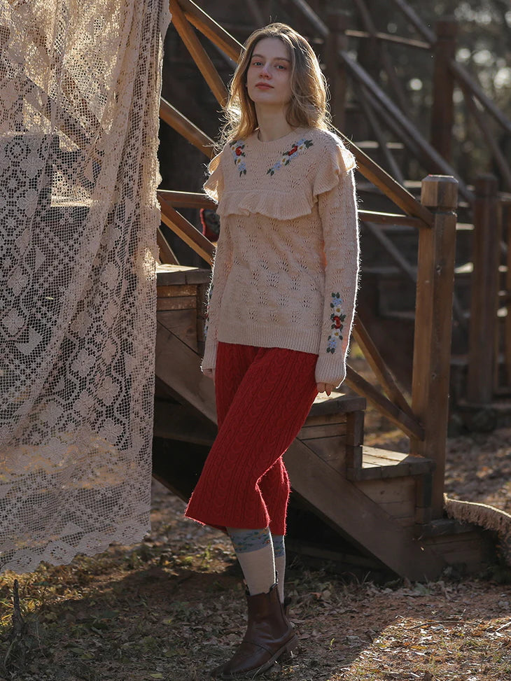 Floral Embroidered Ruffle Knit Sweater