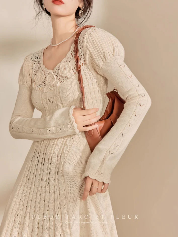Ivory Rose Crochet Lace Knit Dress