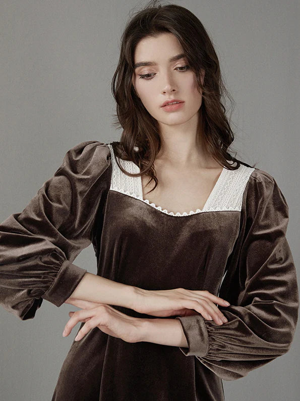 Brown Velvet Puff Sleeve Dress