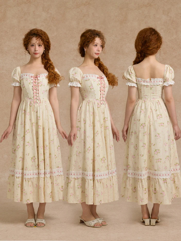 Vintage Rose Garden Lace-Up Off-Shoulder Dress