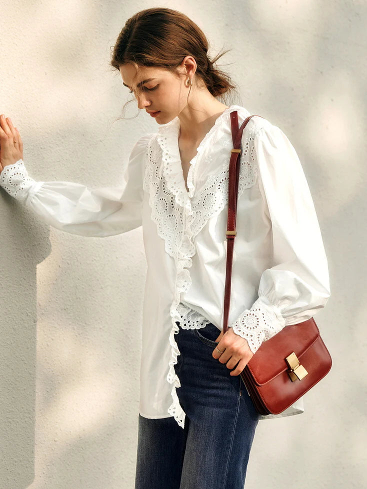Vintage Eyelet Lace Ruffle Blouse