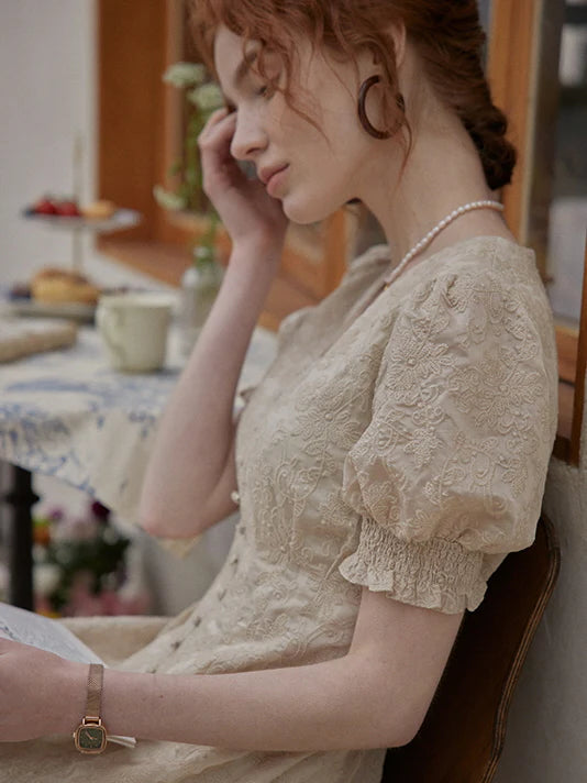 Vintage Lace Buttoned Puff Sleeve Dress