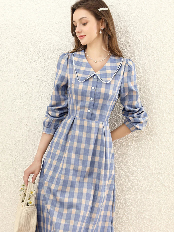 Vintage Blue Plaid Lace Trim Dress