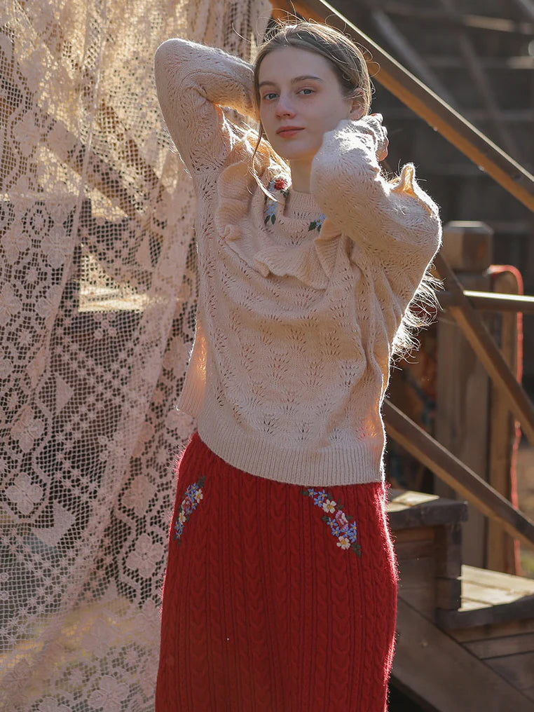 Floral Embroidered Ruffle Knit Sweater
