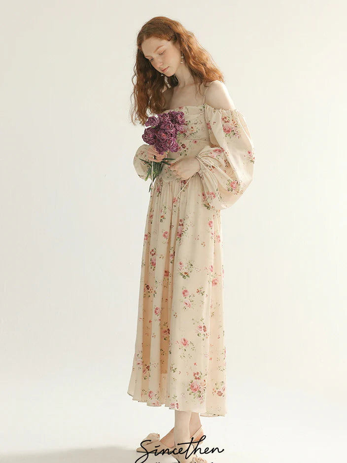 Vintage Rose Garden Off-Shoulder Dress