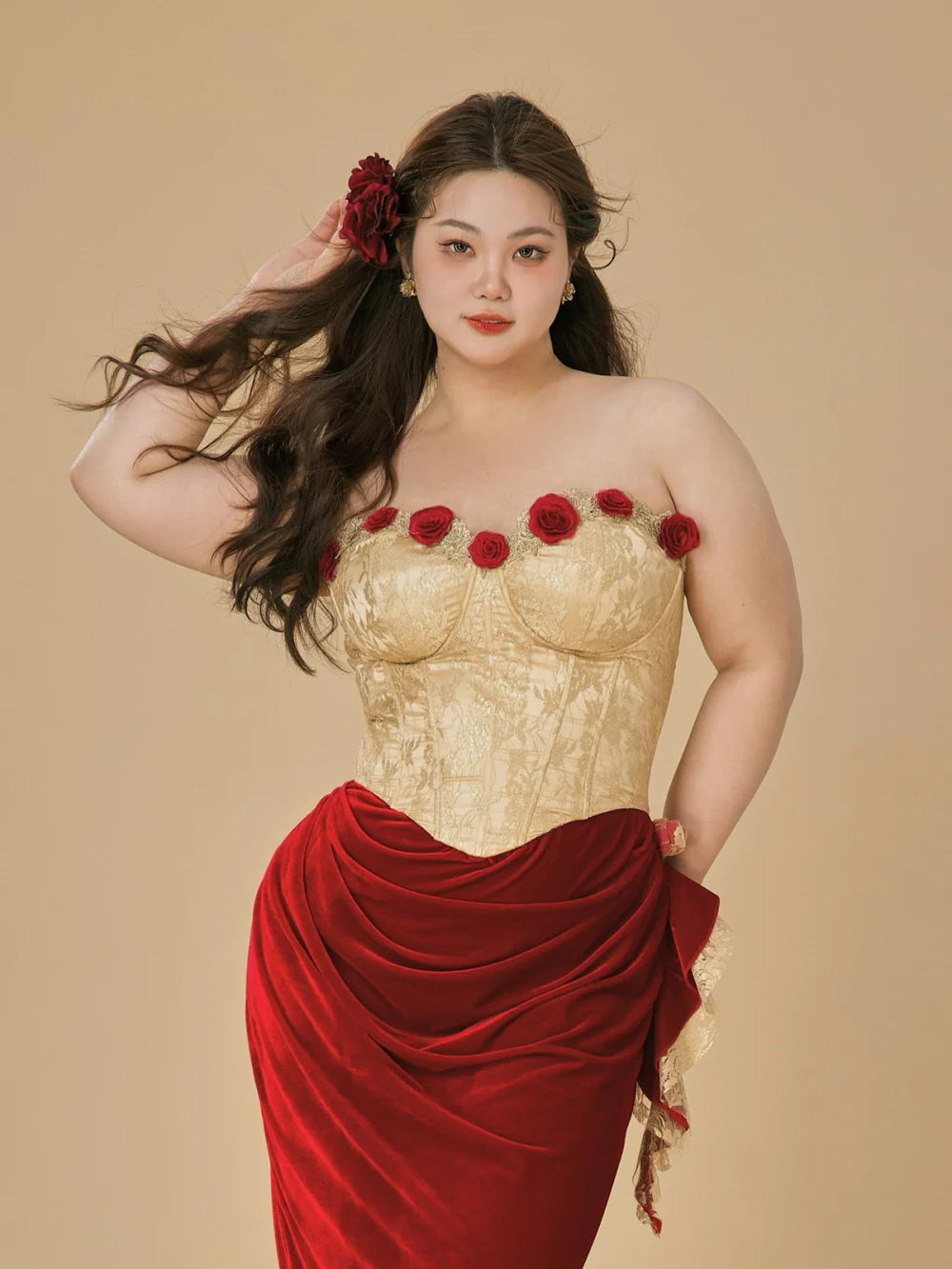 Rose Embellished Gold Corset Velvet Dress