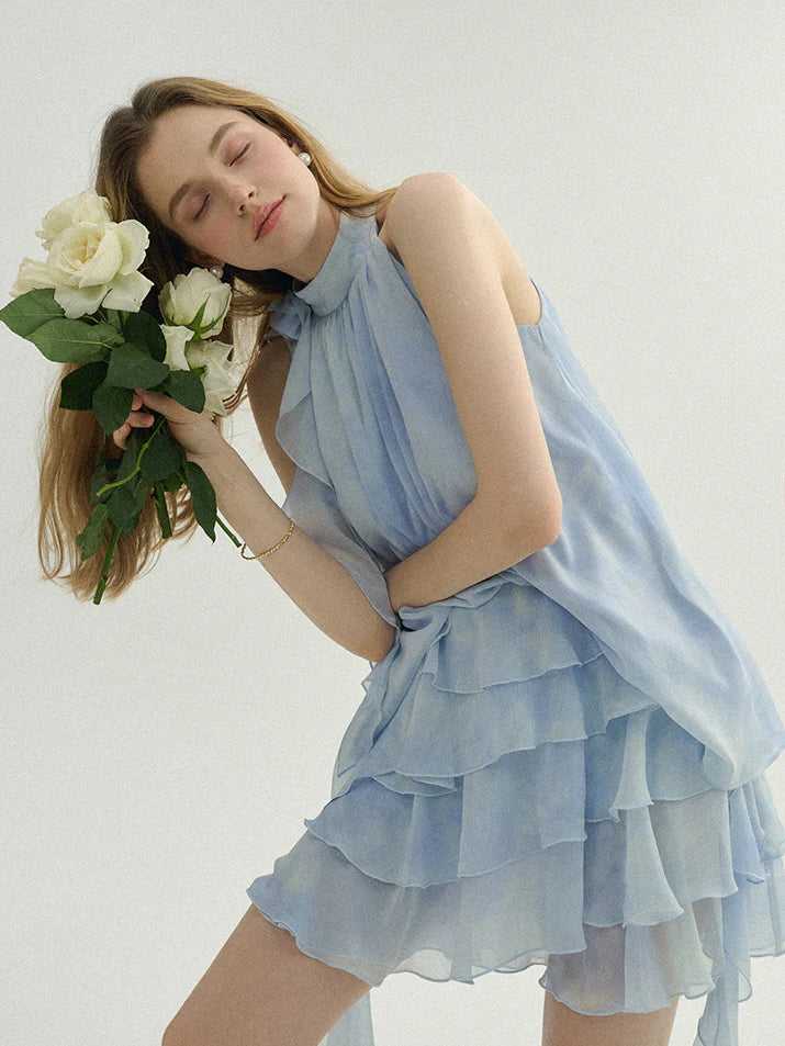 Ethereal Blue Ruffle Rose Halter Top