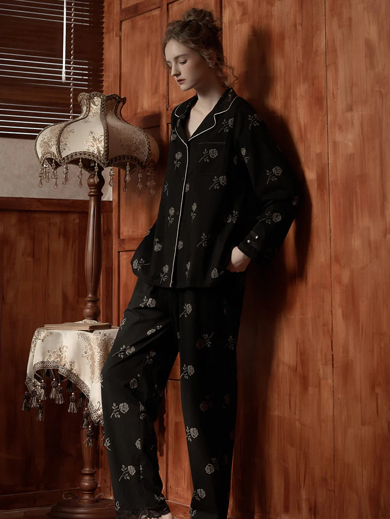 Vintage Rose Embroidered Pajama Set