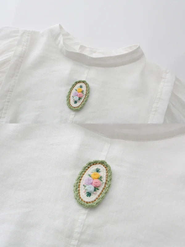 Embroidered Floral Brooch Linen Cotton Blouse