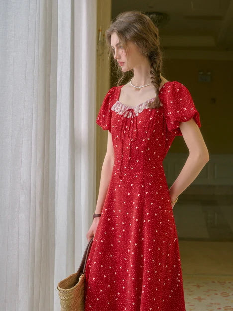 Lace Trim Retro Red Dress with Puff Sleeves